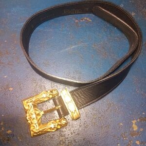 Tail Black Belt with Ornate Gold Buckle
